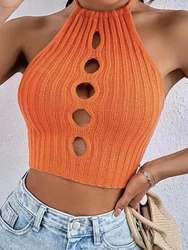 HELIAR Hollow Out Knitted Cross Halter Tops Y2k Camisole Women Spring Summer Solid Tank Tops Sleeveless Sexy Crop Tops 2024