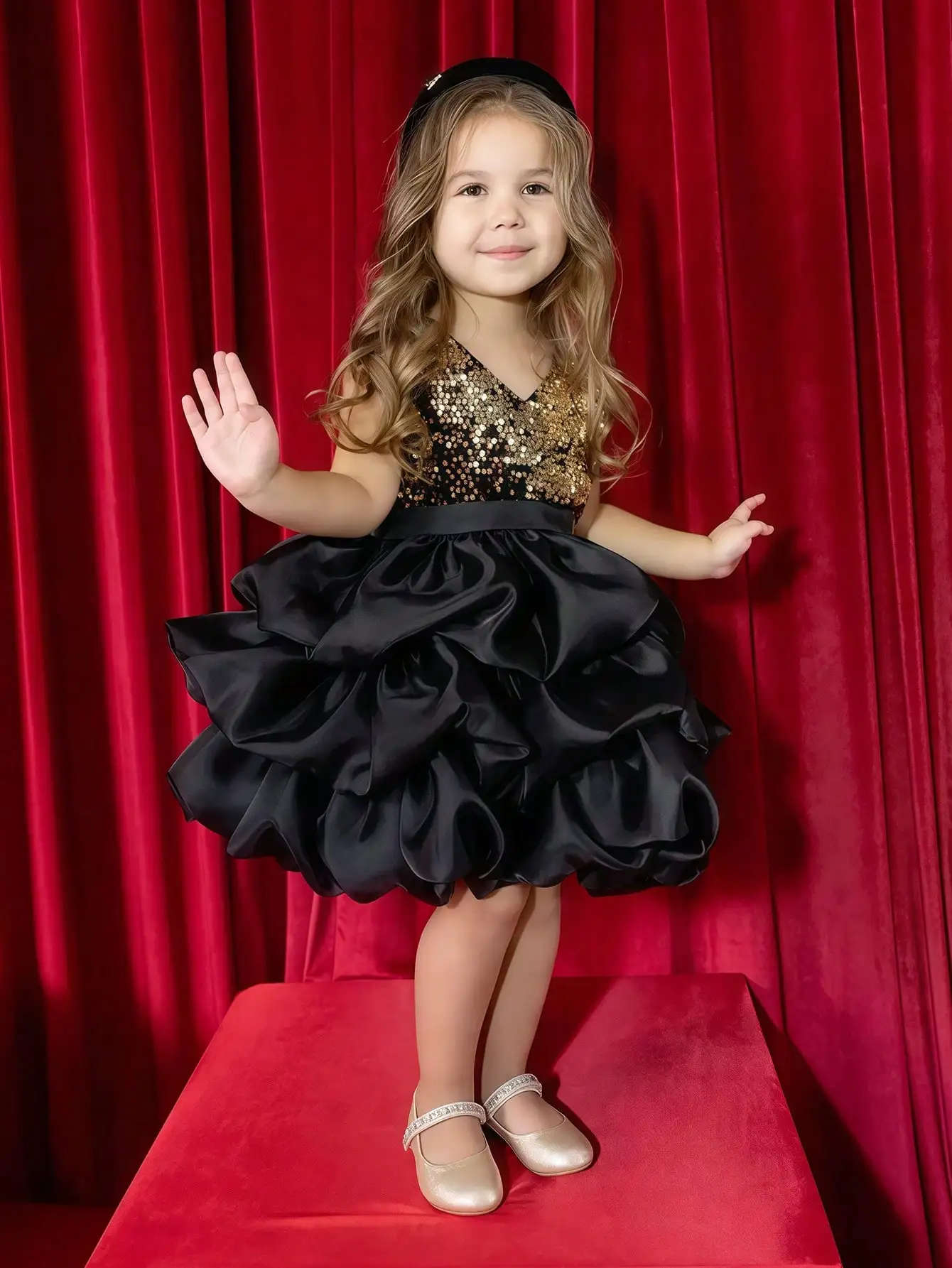 Girls' Gold Sequin Black Mesh Princess Dress Christmas Party Dress Birthday Banquet Piano Performance Outfit Important Holiday Ball Graduation Dress