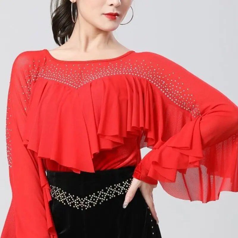 ملابس الرقص اللاتينية للنساء أزياء الماس كشكش طباعة ساحة الرقص تي شيرت ملابس رياضية اللياقة البدنية في الهواء الطلق