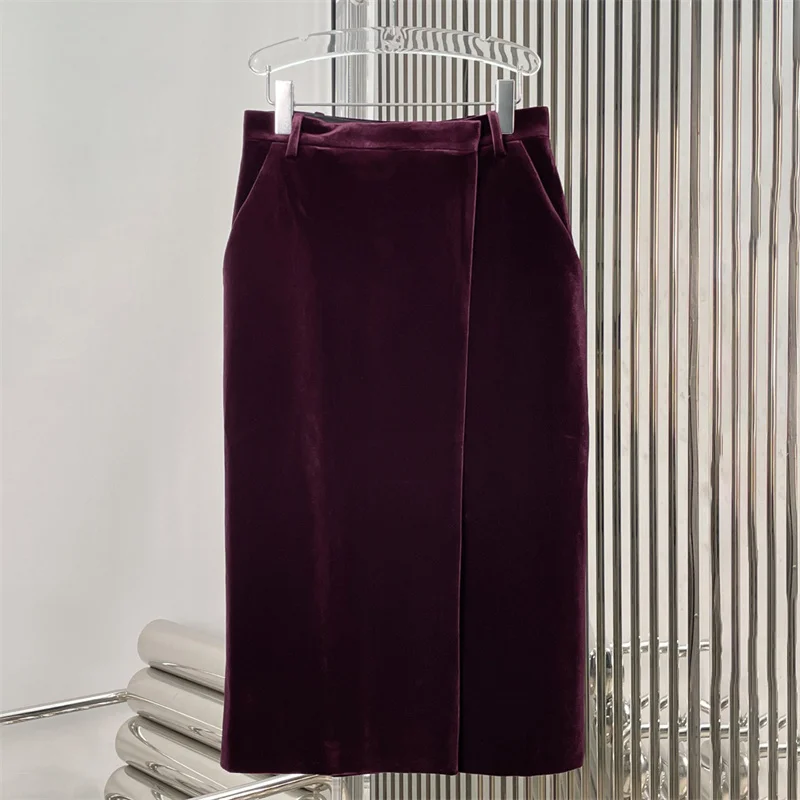 تنورة نسائية 2026 ربيع جديد تنورة طويلة عالية الخصر غير متماثلة ضئيلة المرأة نصف تنورة المخملية تنورة مجسّمة الورك المعانقة تنورة #1