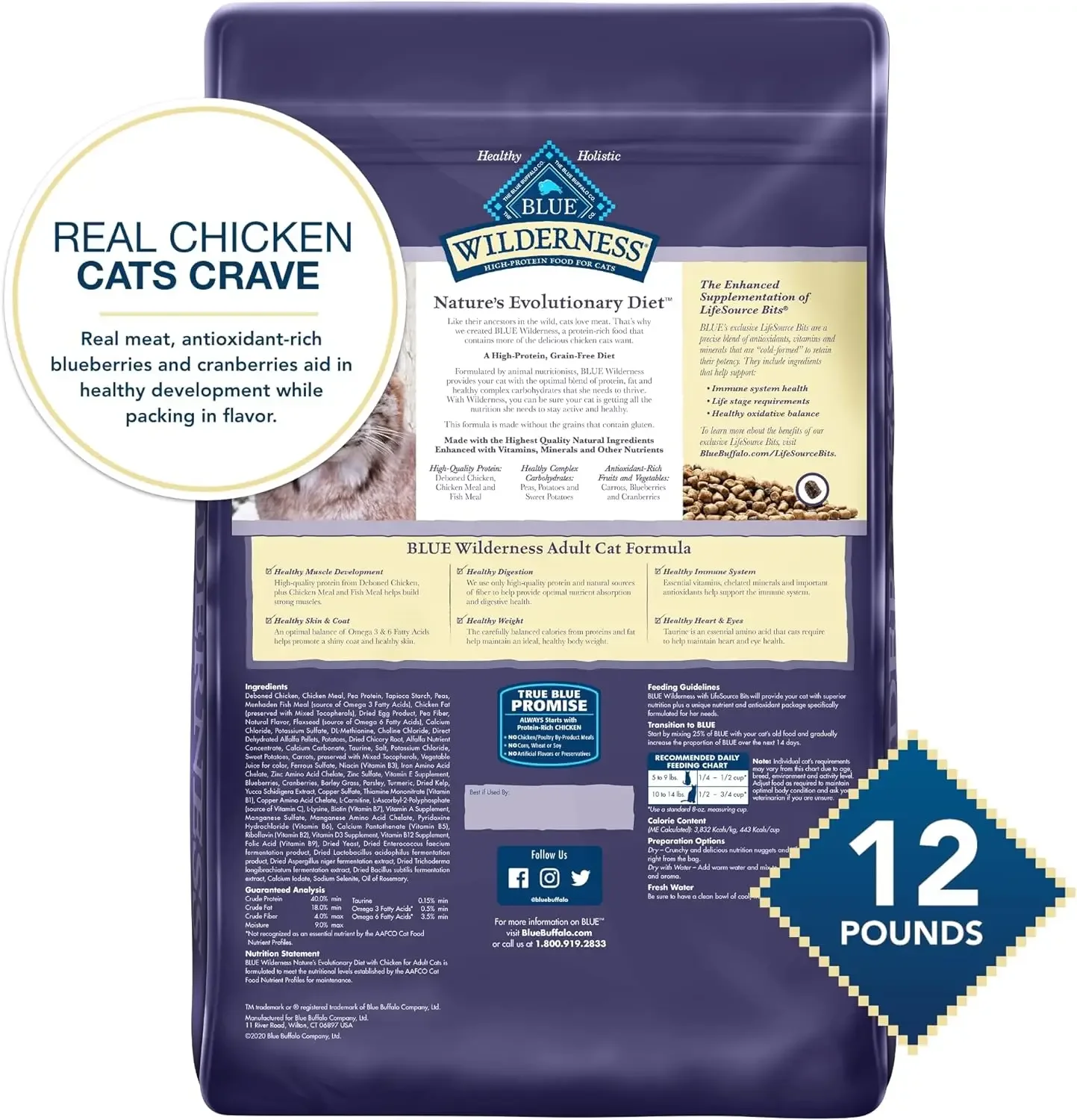 Natural Adult Dry Cat Food, Grain-Free Diet, Supports Healthy Muscle Development & a Healthy Immune System, Chicken, 12-lb. Bag