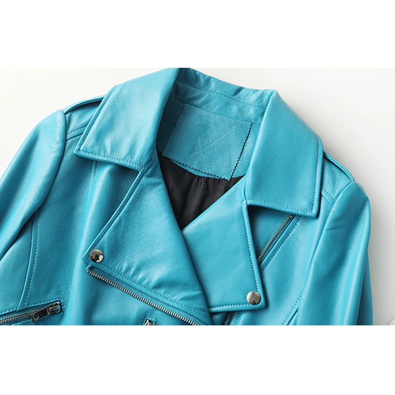 Importierte Luxus-Schaffelljacke für Damen, 2025, Herbstmode, Reißverschluss, Revers, weiblich, langärmelig, blau, echtes Leder, Bikerjacke