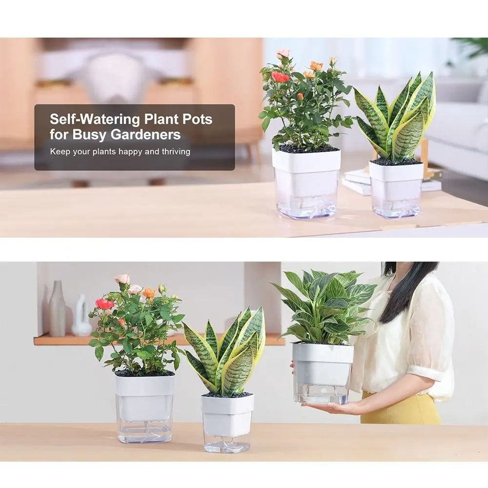 3pcs New Square Flower Pot Water-saving Translucent Desktop Planter Self-absorbent Cotton Rope Garden Accessory Flowerpot Home