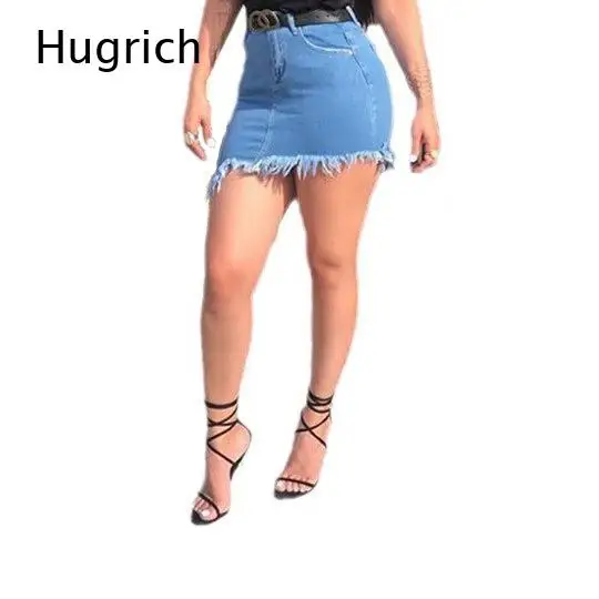 Women Light Blue High Waist Frayed Raw Hem Denim Mini Skirt Slim Bodycon Jean Skirt with Back Pockets