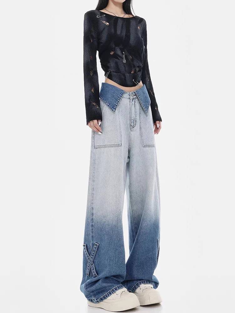 Gradient Blue Washed Baggy Jeans Women Y2k Vintage Casual Wide Leg Pants Korean Streetwear Straight Trousers Chic Design Sense