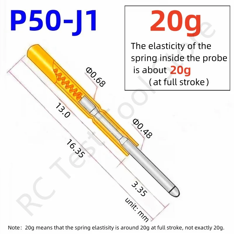 20/100PCS P50-J1 Spring Test Probe Test Pin Pogo Pin P50-J Electric PCB Test Tool 0.48/0.68/16.35mm Needle Round Head 20g Force