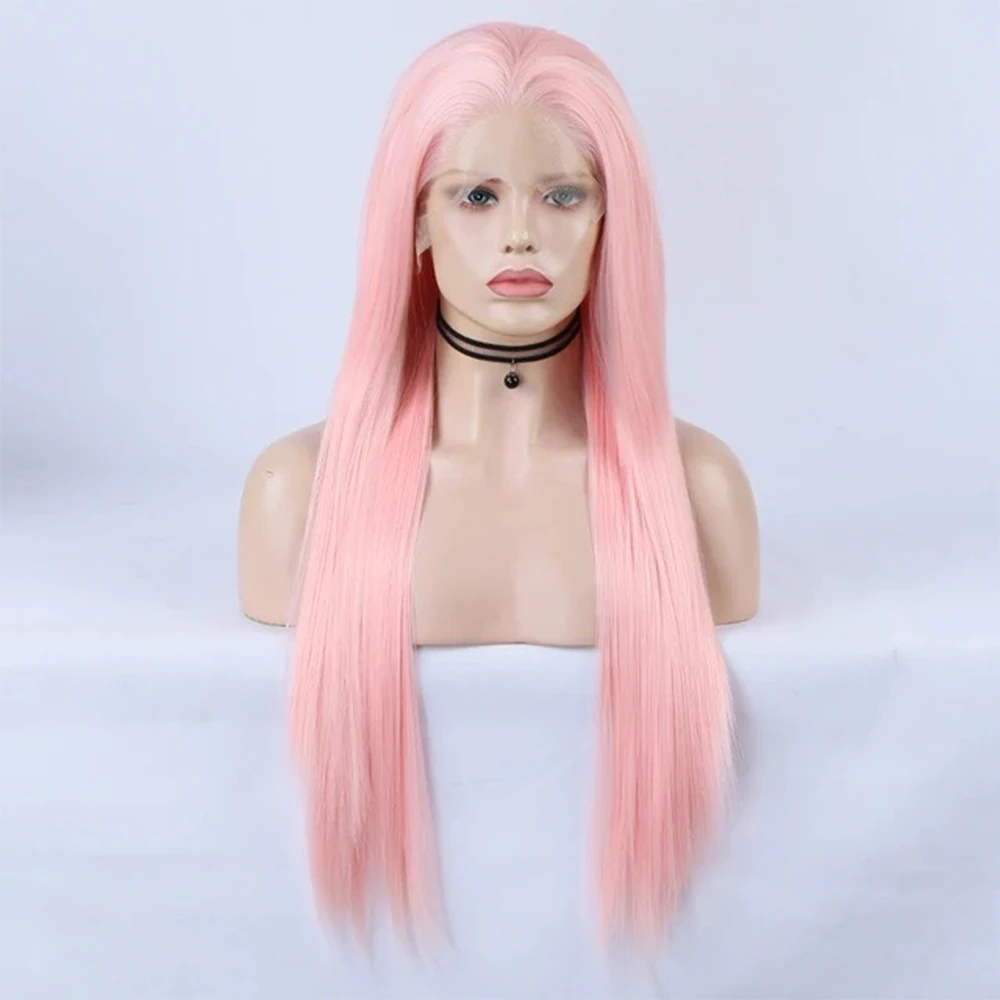 وردي فاتح طويل مستقيم الاصطناعية الدانتيل الباروكة أمامي الباستيل الوردي شعر مستعار طويل الحرير مستقيم الباروكات الدانتيل الشعر للنساء حزب تأثيري #2