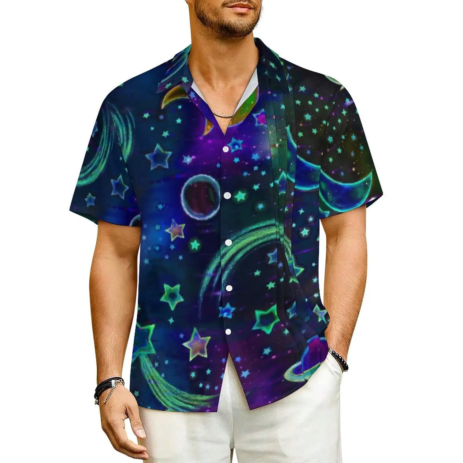 

Stars And Moon Hawaiian Shirt For Man Beach Galaxy Starry Night Casual Shirts Short-Sleeved Harajuku Trendy Oversized Blouses