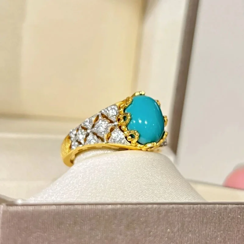 

Vintage retro court style inlaid full diamond turquoise rings for women classic design blue oval ring gorgeous wedding jewelry