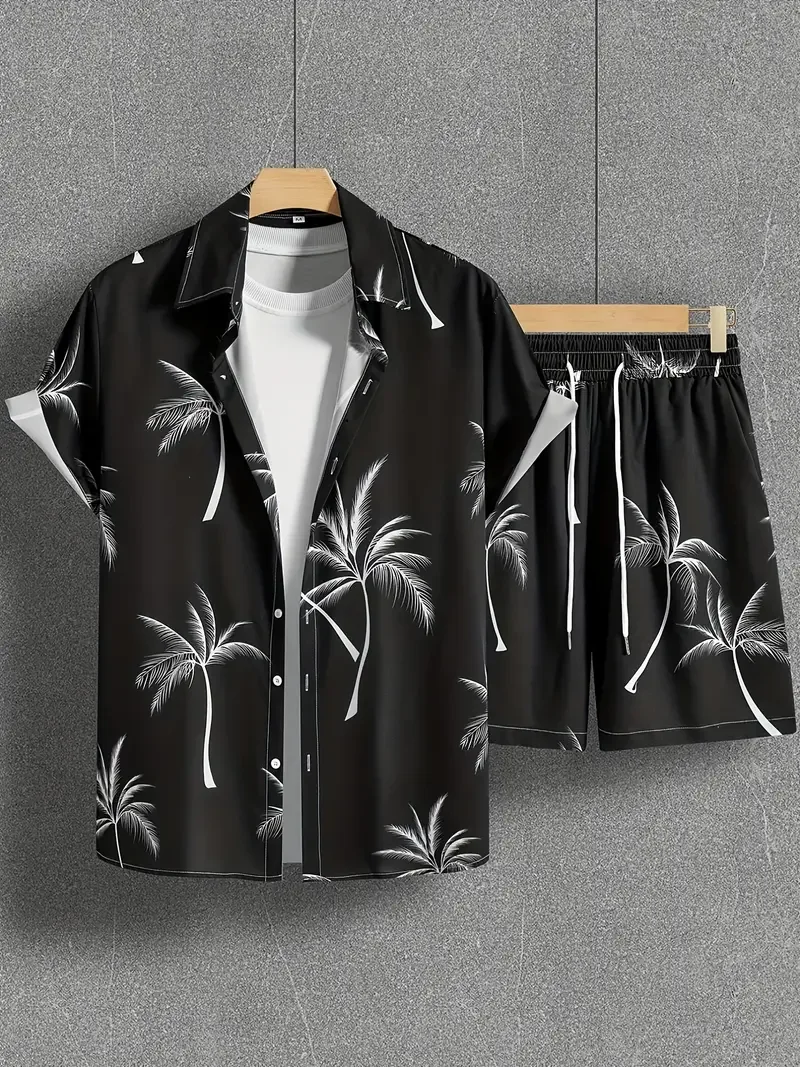 Men\'s Shirt Sets 3d Print Beach Coconut Tree Plaid Lapel Short Sleeve Casual Shirt Beach Shorts Summer Streetwear Hawaiian Suits