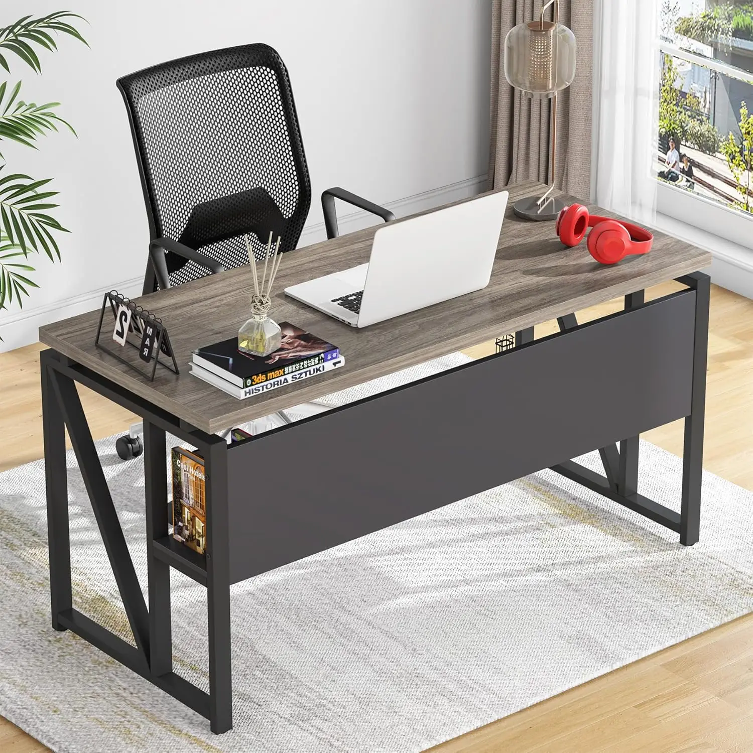 مكتب على شكل حرف L مع خزانة بأدراج، مكتب كمبيوتر تنفيذي مقاس 55 بوصة، رمادي