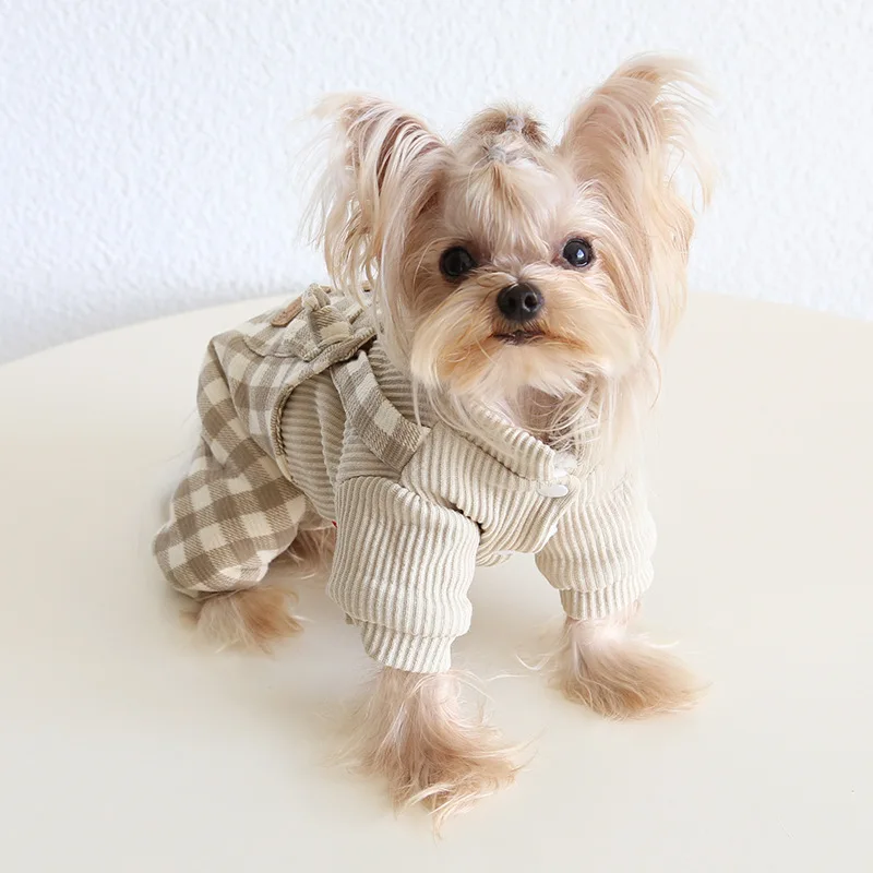 Autumn and Winter Pet Checkered Four Legged Strap Pants Couple Skirts Dog Cat Clothing Dog Pajamas Puppy Clothes Winter