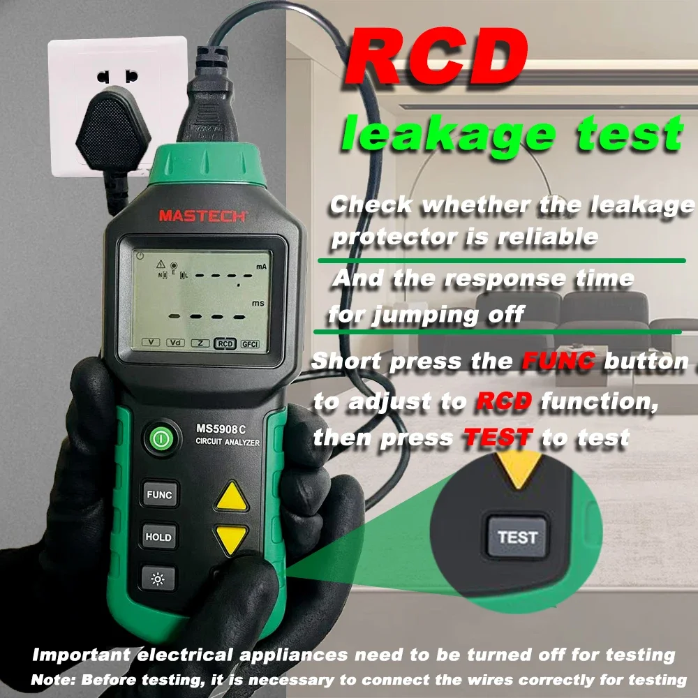 Socket Tester MS5908A/MS5908C AC100-240V LCD Circuit Breaker Analyzer RCD Tester With Voltage GFCI Meter MASTECH - view 3