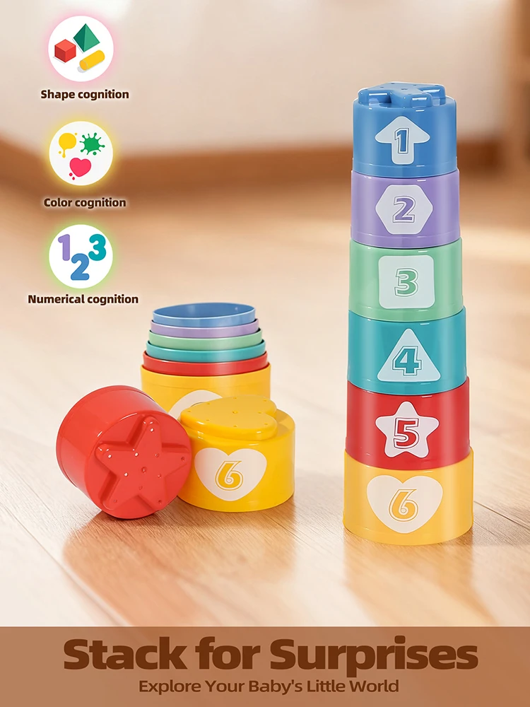 Vasos Apilables con Forma de Corazón Amarillo, Juguete para Bebés de 18+ Meses - Reconocimiento de Colores, Formas y Números, Regalo para la Playa o el Agua