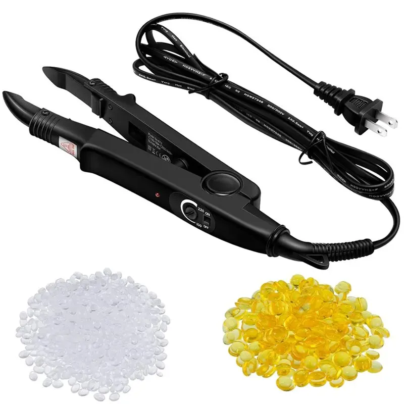 

ABBP-Hair Extensions Tool C Head U Tip Iron Connector Wand With 2 Bags Keratin Glue Granule Beads US Plug