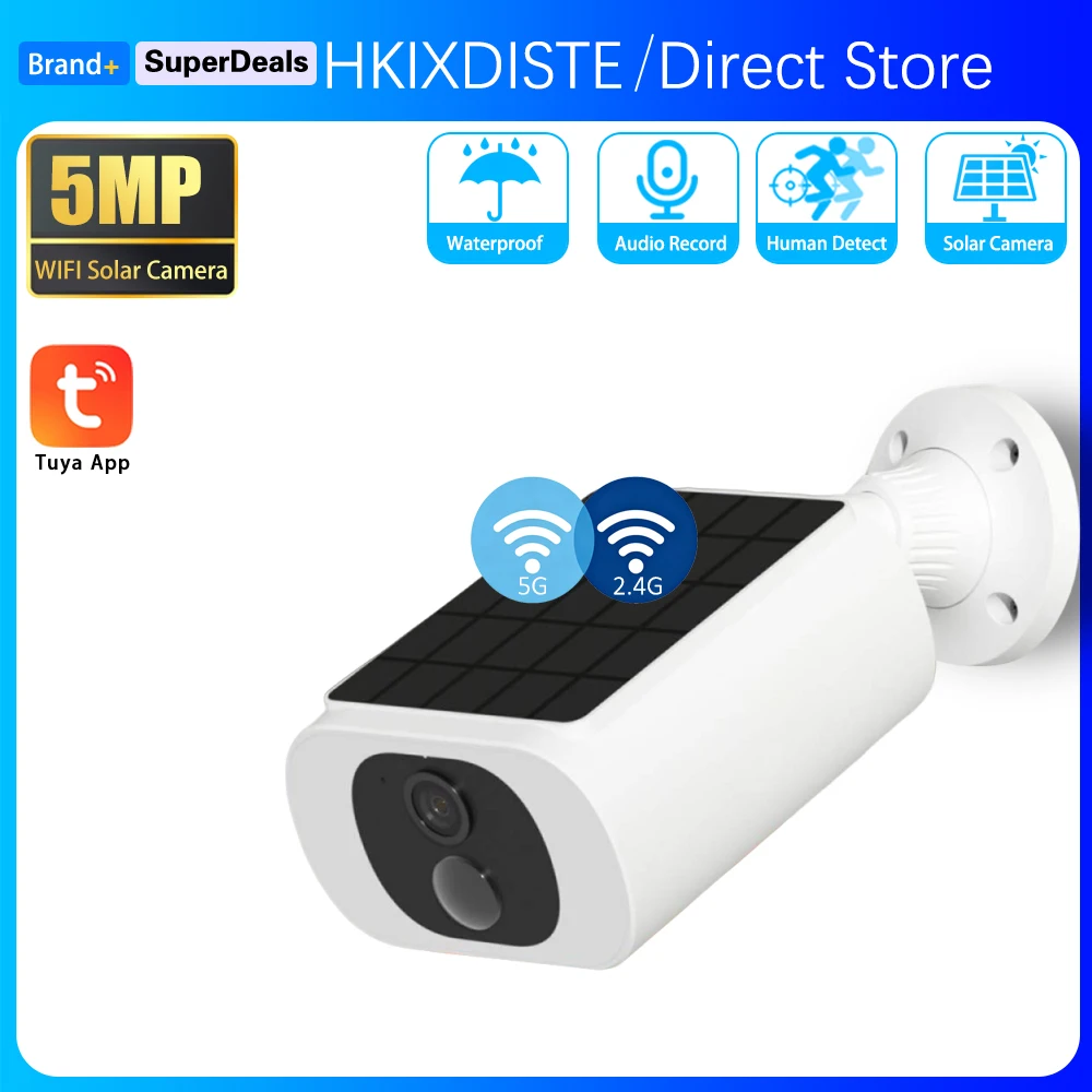 

Wireless Tuya 5G Wifi 2.4G Dual Band Smartlife Solar Power Panel Bullet IP Camera PIR Detection Two-Way Audio Alexa Google Home