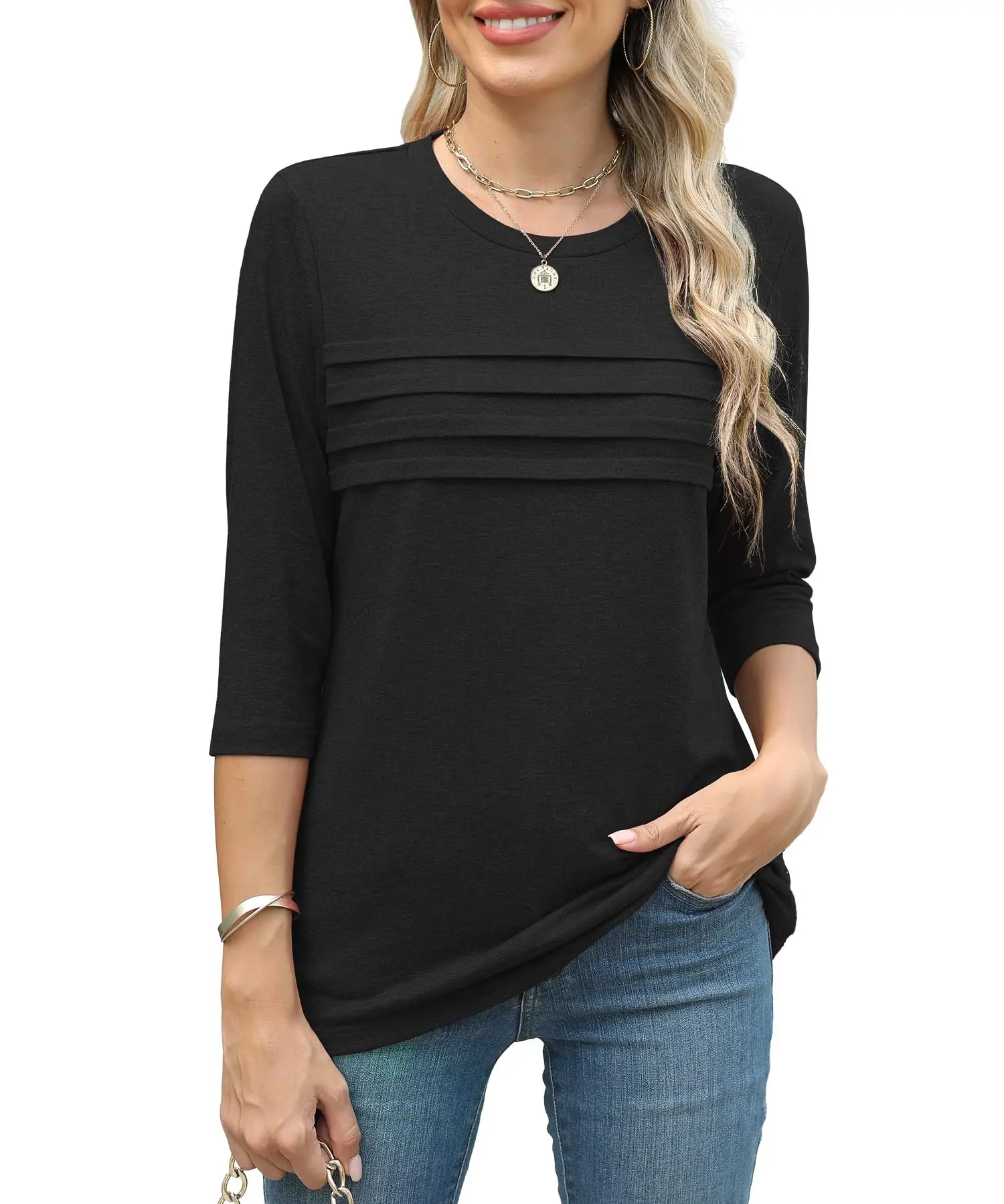 Dwuczęściowy zestaw wygodnych, modnych i uniwersalnych damskich koszulek z rękawami do połowy ramienia, idealnych do dojazdów do pracy.