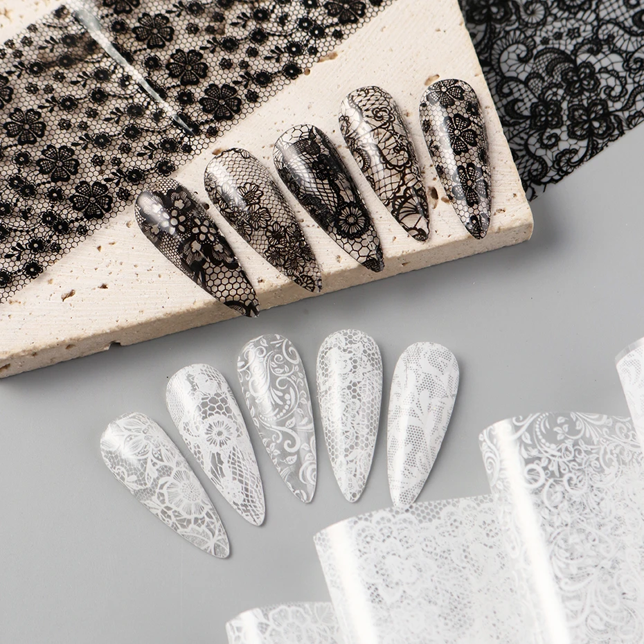 10 Rollen Schwarz-Weiß Spitzen-Nagelfolien-Transferaufkleber Elegante Schwarz-Weiße Spitzen-Fantasie Blumenmuster Sternenhimmel Papier-Nageldekoration – Detail 5