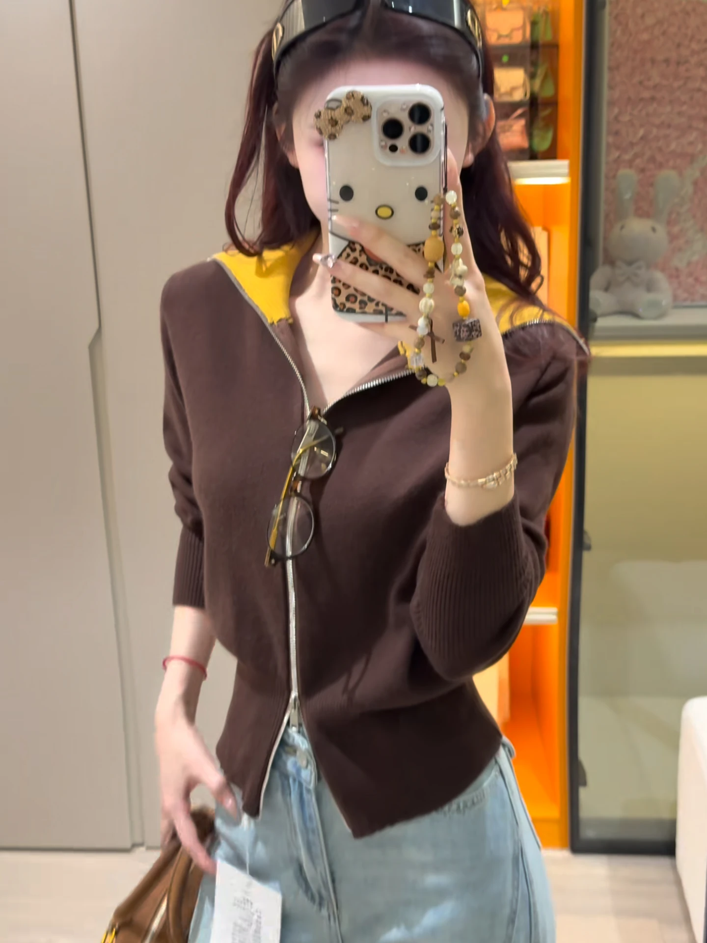 

Double Zipper Knitted Sweater Jaet Women's Spring Autumn Loose Slimming Top Color Blo Collar Sle Casual Faion