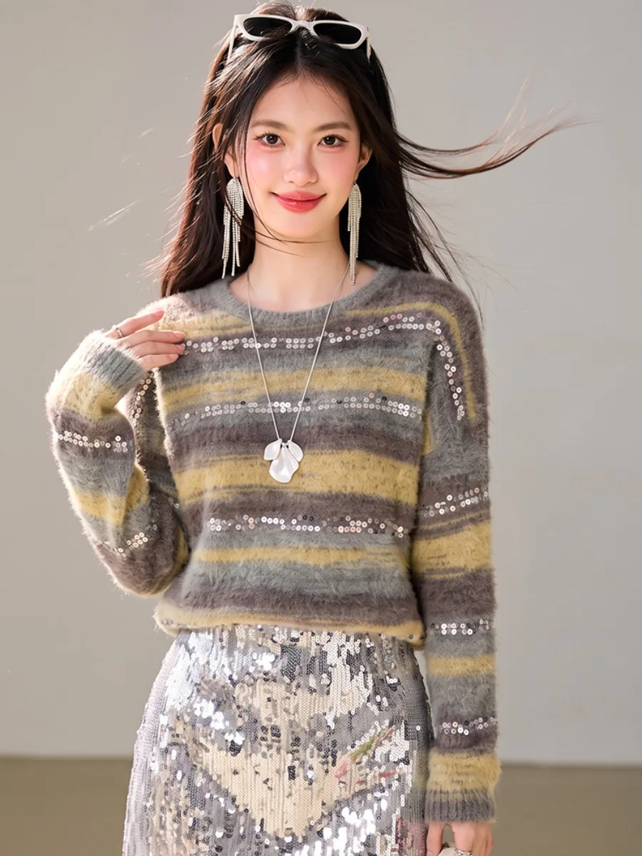 Autumn Winter Gradient Sequin Lazy Style Loose Slimming Knitted Long Sleeve Overhead Atmosphere Top Women's Soft Knitwear