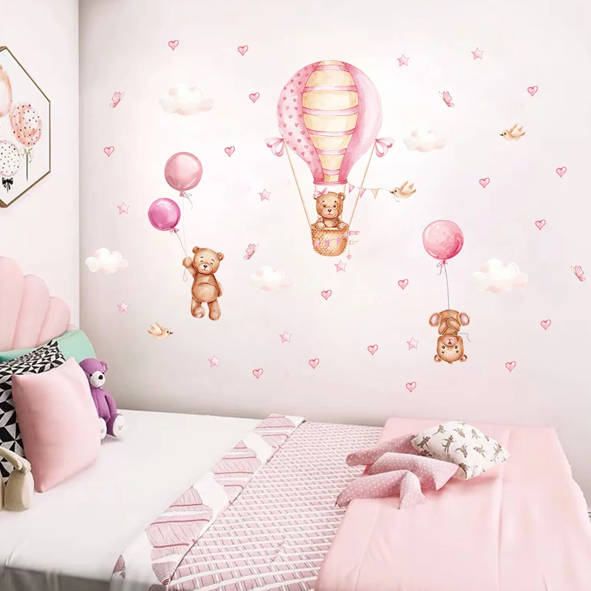 Cartoon Cute Brown Bear Balloon Heart Animal Wall Stickers Removable for Bedroom Living Room Nursery Decoration Wall Decals