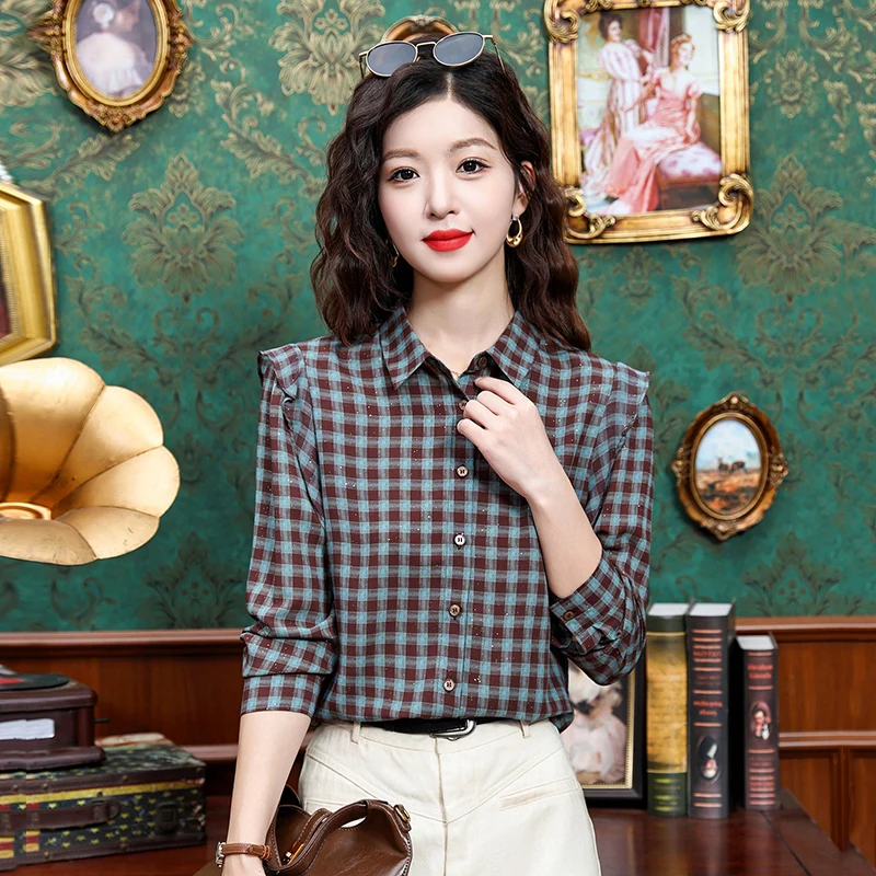 Vintage damesblouses Casual geruit overhemd Mode losse lente/zomer Koreaanse kleding Damestops met lange mouwen