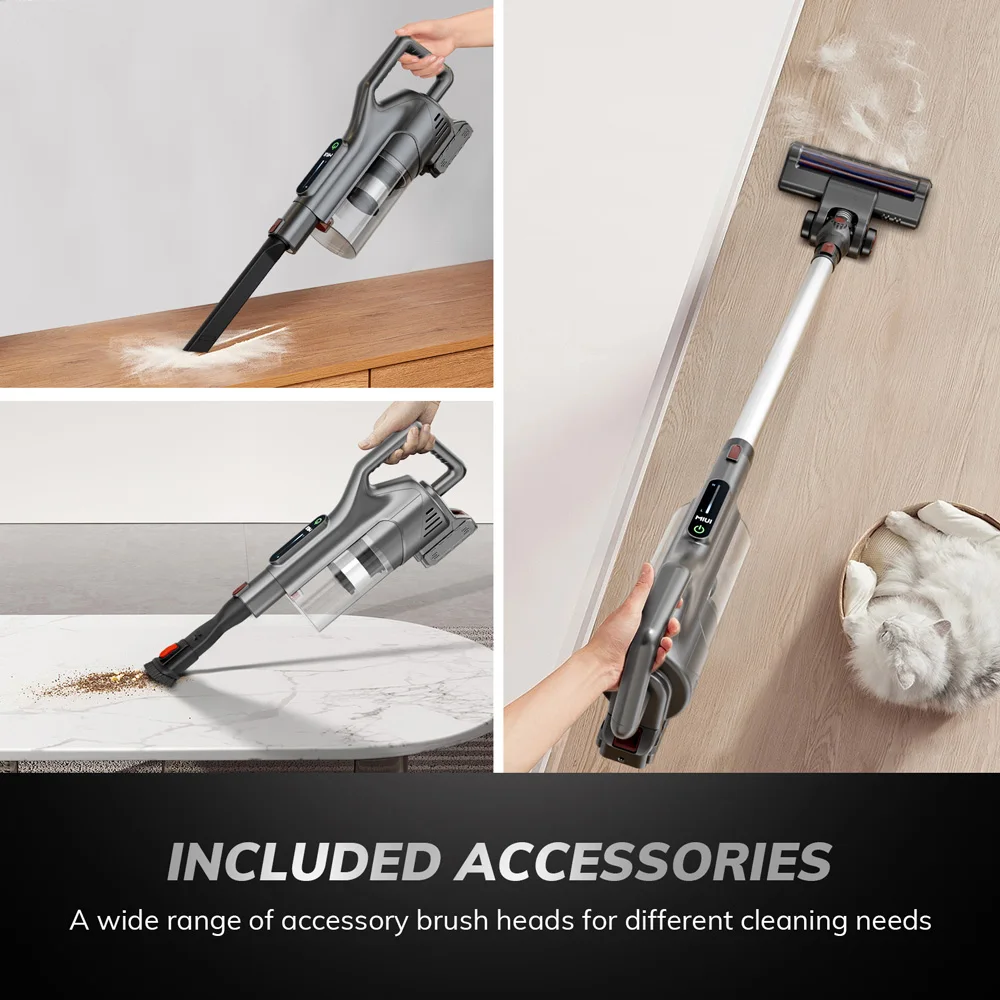 مكنسة كهربائية محمولة لاسلكية MIUI مع شاشة تعمل باللمس، بطارية قوية قابلة لإعادة الشحن قابلة للإزالة، ضوء LED، تروسين