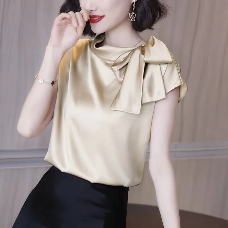 England style Women elegant bow tie silk stain shirts Fashion Acetate satin Tops Shirt Office Lady Blouse blusones de mujer