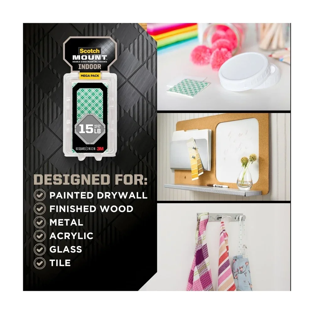 실내용 양면 테이프 정사각형 2x2인치 60매 강력 접착력 영구 접착 벽면 부착 DIY 프로젝트용