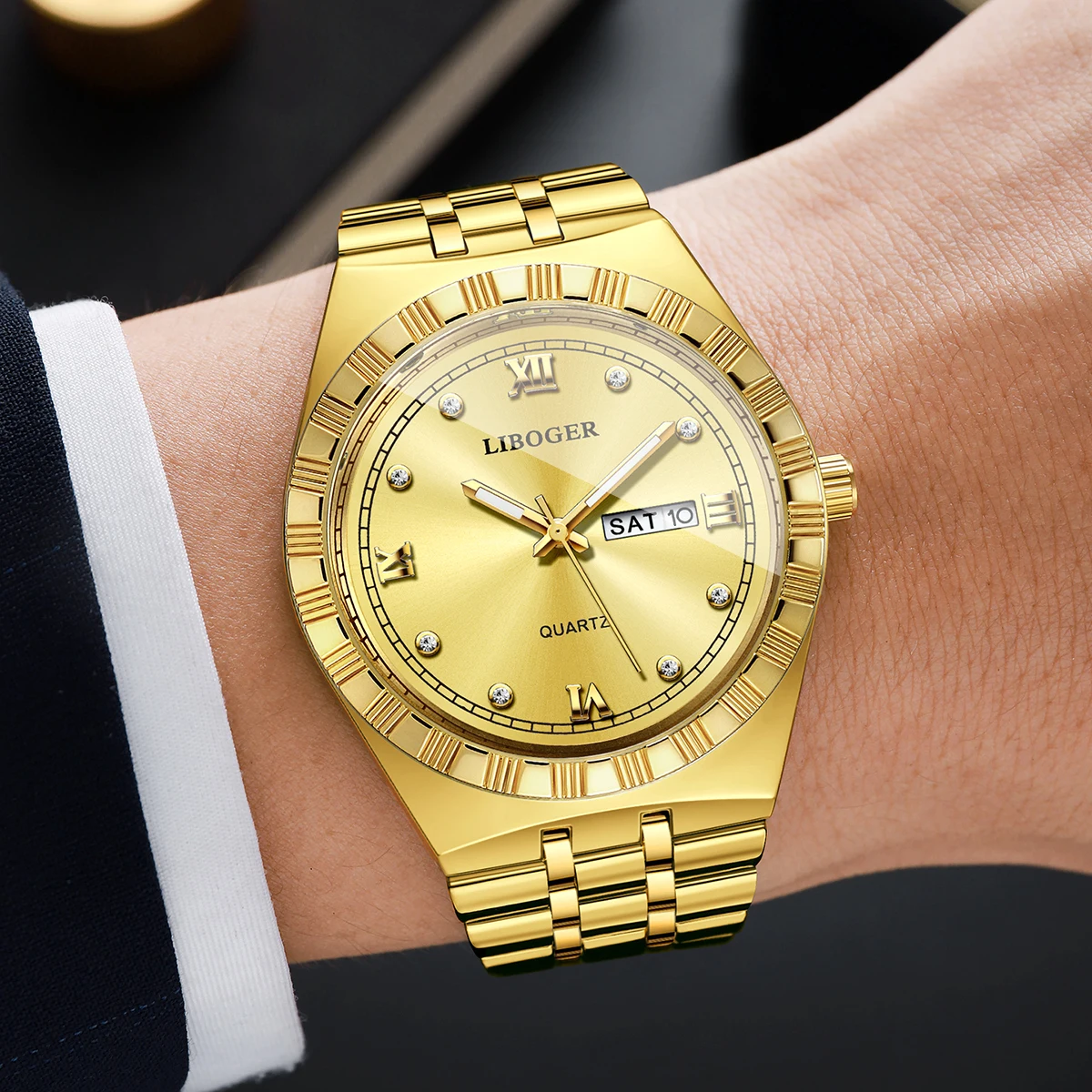 Luxury Golden Men Business Watch Stainless Steel Strap Rhinestone Dial Date Display Casual Wristwatch Reloj Hombre（Without Box）