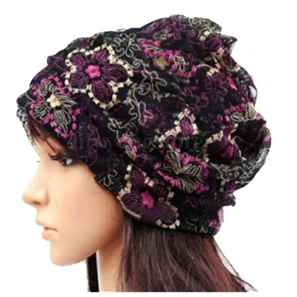 Women Lady Winter Bandana Beanie Turban Head Wrap Band Lace Hat Warm Cap, Black rose