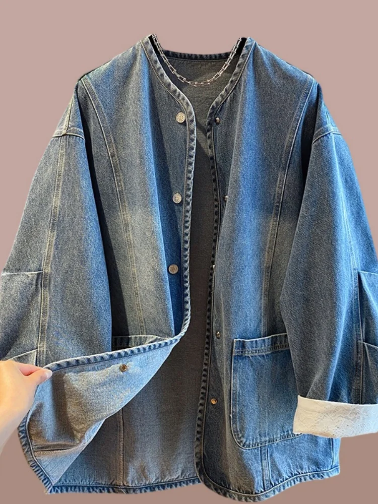 

Новая женская джинсовая куртка большого размера в китайском ретро-стиле с пуговицами и вставками, свободного кроя, с круглым вырезом, для весны, осени и лета