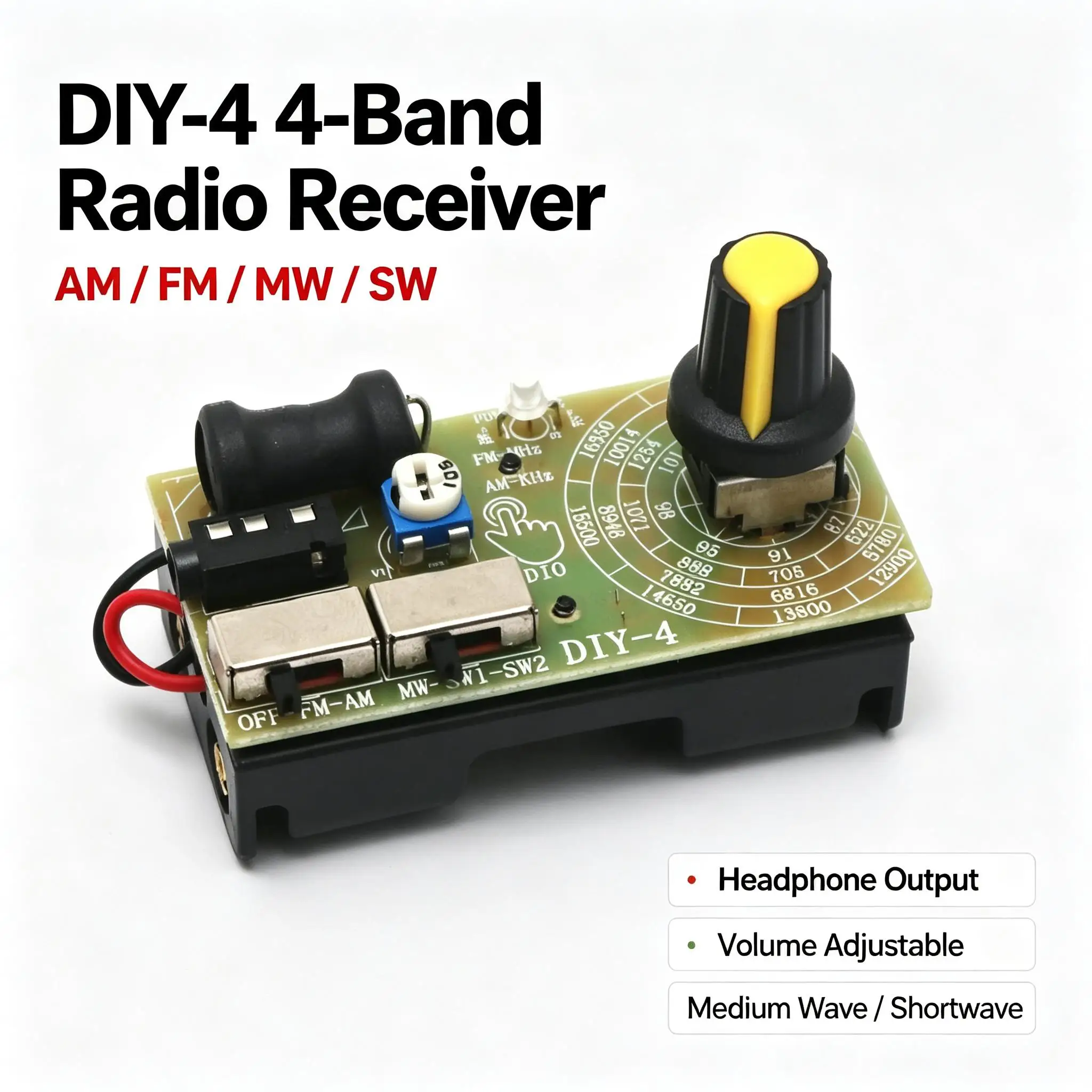 DYKB 4-Band FM MW SW AM/FM Medium Wave Shortwave Radio Receiver Headphone Radio Module Volume Adjustable Portable Digital Stereo