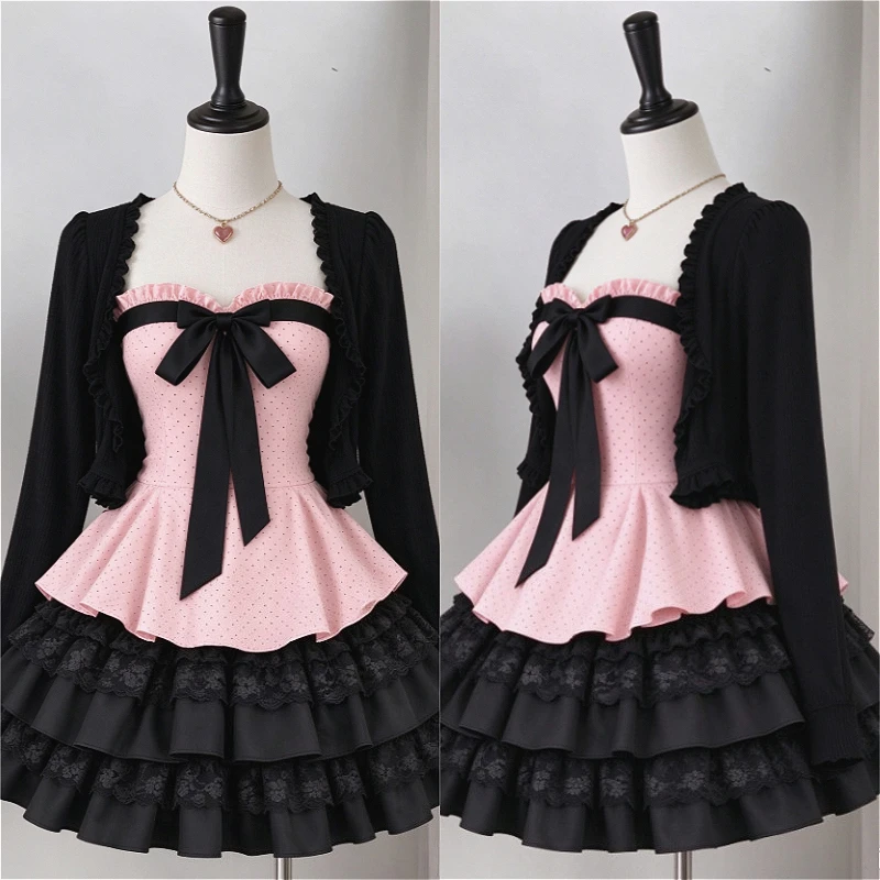 Japanese Preppy Y2K Lace Patchwork Bow Top & Mini Skirt 2Pcs Suit Korean Retro American Subculture Sweet Kawaii Matching Outfits