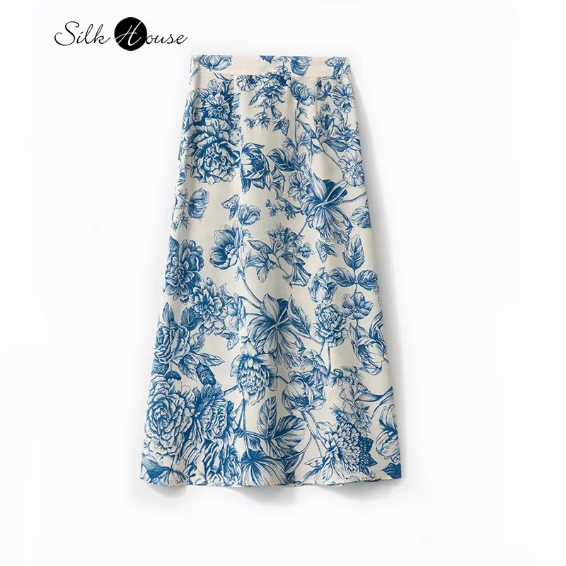 

100% Natural Mulberry Silk Crepe De Chine Elastic Waist Elegant Rice Bottom Blue and White Porcelain Print Women's A-line Skirt