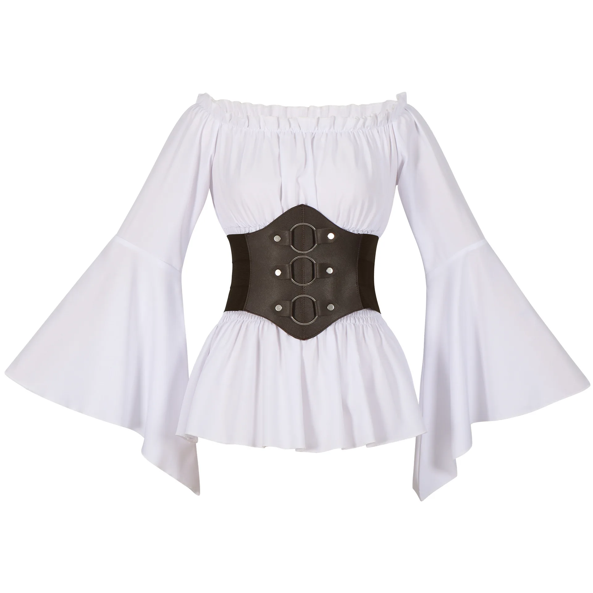 Medieval Victorian Pirate Shirt Off Shoulder Retro Casual Blouses Long Ruffled Sleeves Corset Tops Halloween Costume view 2