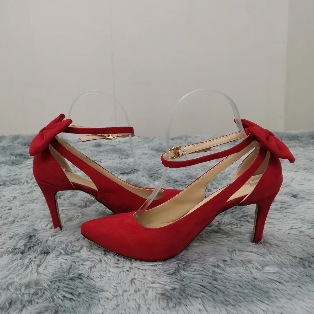 Loslandifen Women Pumps Pointed Toe Ankle Strap Sandals Slingback Pumps Bow High Heels Kitten Heel Party Red Wedding Dress Shoes