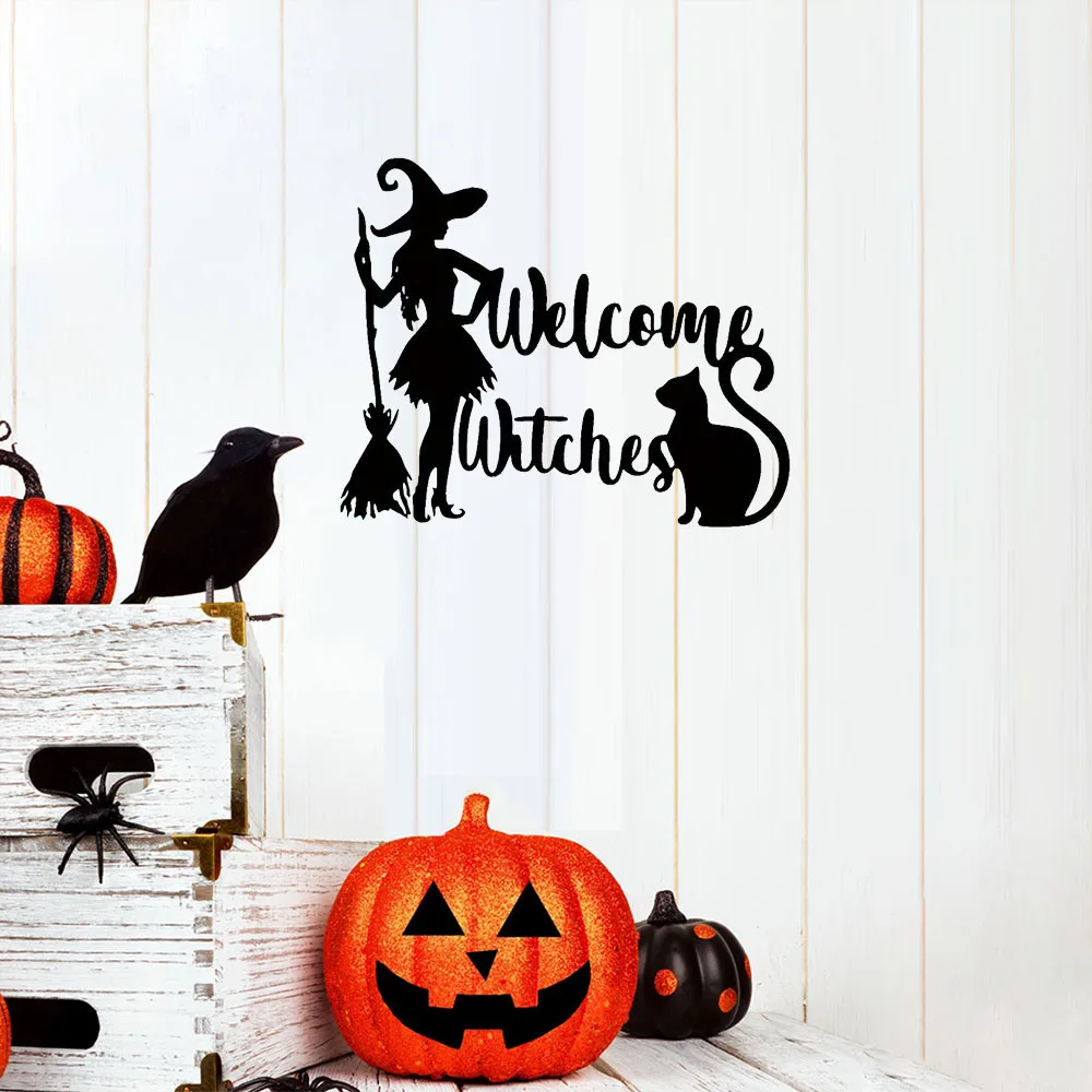 Magical Halloween Metal Wall Art - Witch Cat & Broomstick Welcome Sign