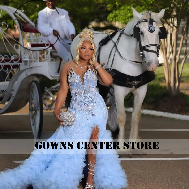 

Sparkling Crystal Prom Dresses Tulle Pleats Side Slit Mermaid Evening Party Gown Strapless Customized robe de soiree dubaï