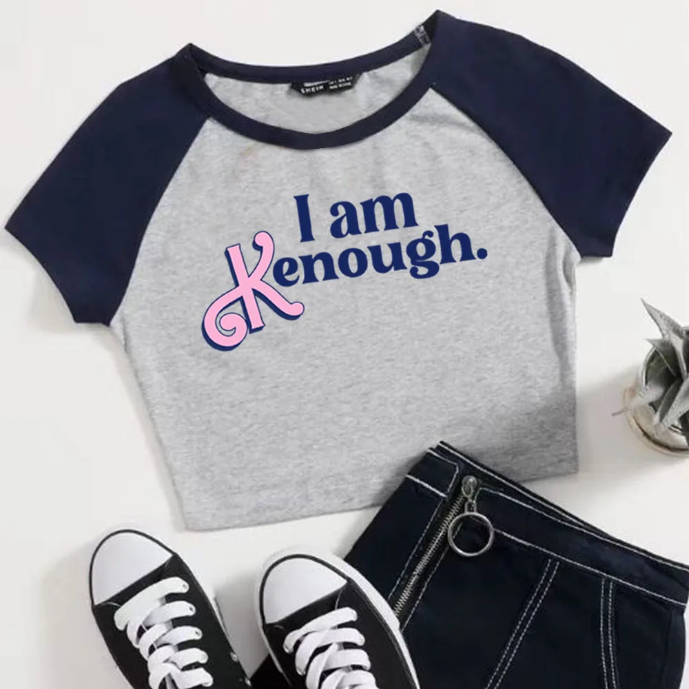 Camisa curta feminina I Am Enough, moda feminina, gola redonda, mangas curtas, camisas I Am Kenough