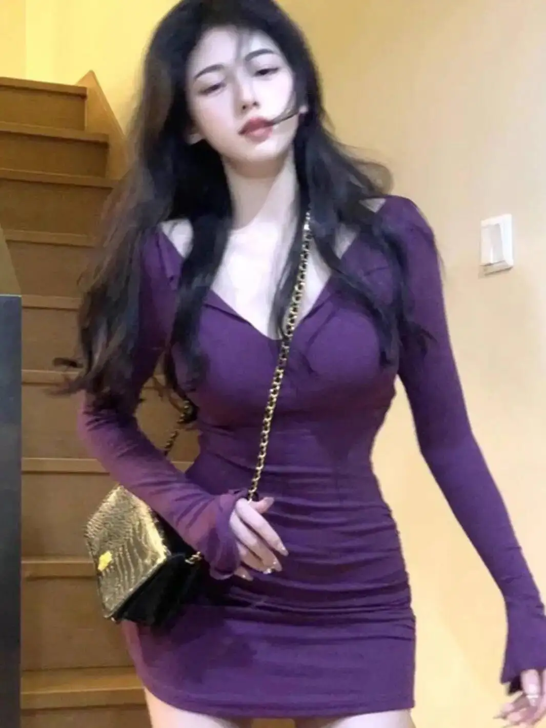 Soft Girl Purple Summer Dress Korean Style Waist Cinching Buttocks Wrapped Skirt V-neck Tight Fitting Temperament  Fashion 07YP