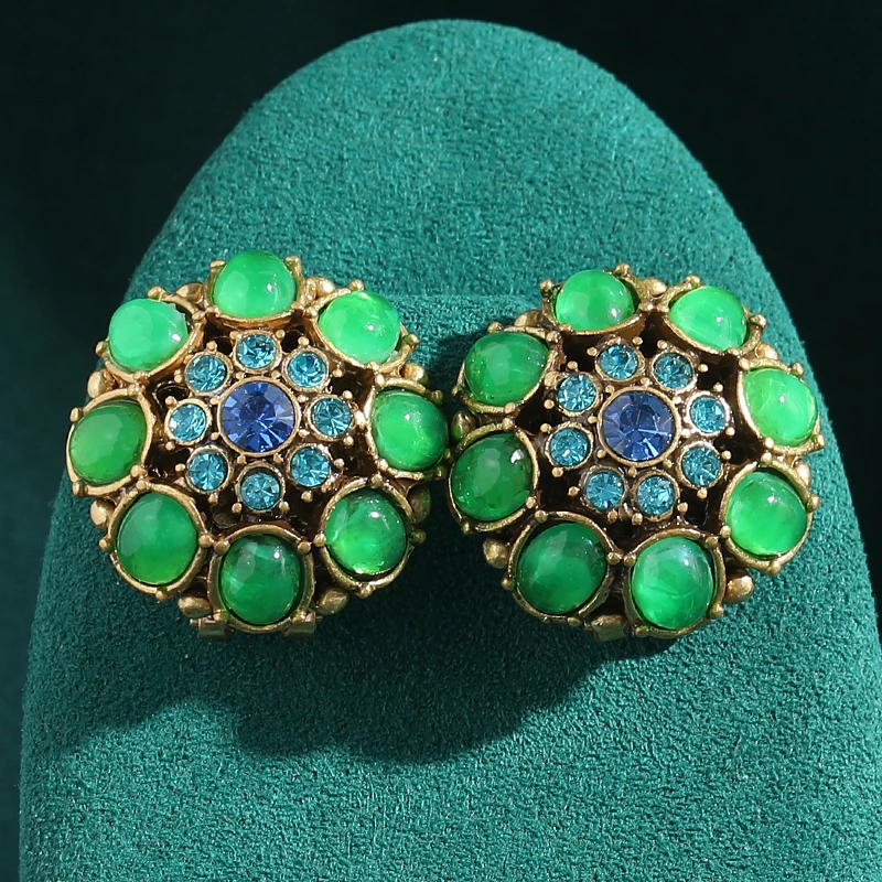 

Vintage Crystal Round Oval Green Glazed Petal Stud Earrings for Women Flower Accessories Antique Jewelry New Arrival Korean 2026