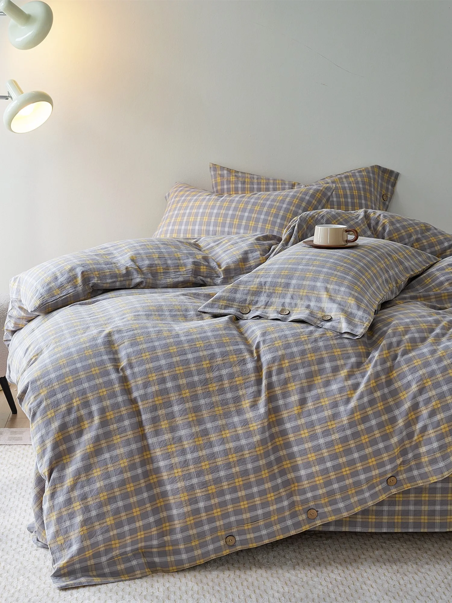 

Japanese Sle Pure Cotton Waed Plaid Bedding Set Baby Mother Four-Piece eet Bed Skirt Duvet Cover Set Soft Skin-Friendly