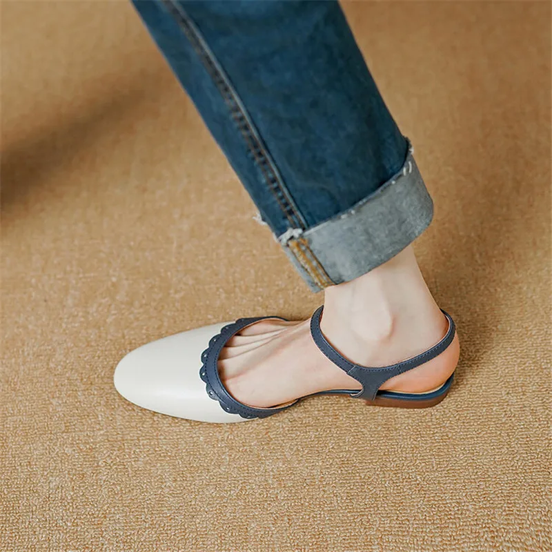 2023 NEW Summer Women Sandals Genuine Leather Chunky Heel Shoes Round Toe Low Heel Shoes for Women Cow Leather Shoes Handmade