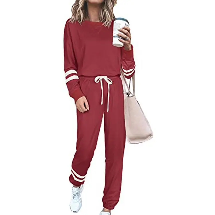 

Fashion Striped Print Suit For Women Elegant Round Neck Long Sleeve Top Lace Up Small Leg Pants Two Piece Set 2024 Autumn New