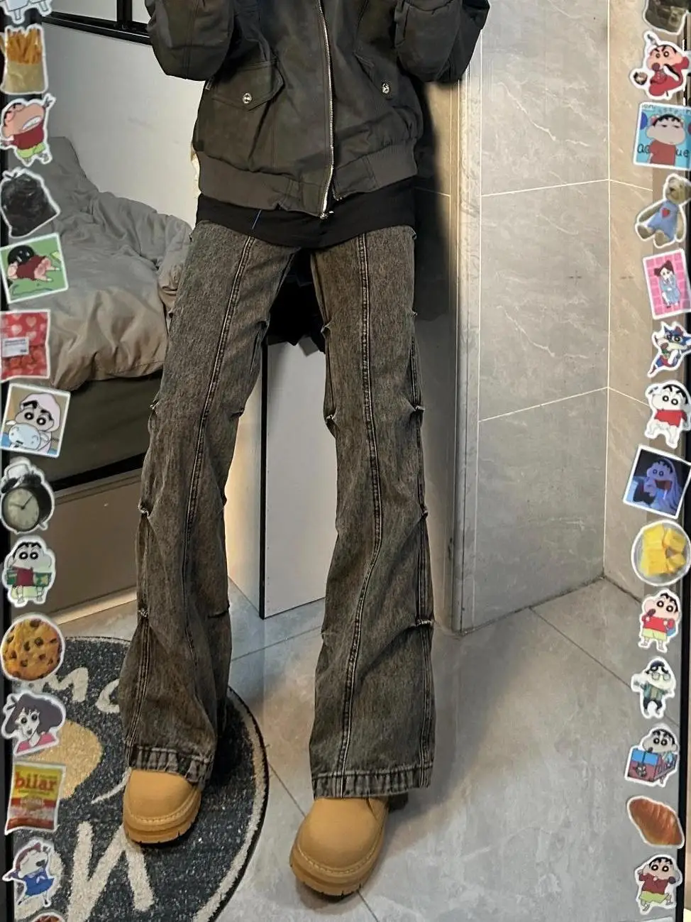 

Vibe Retro Heavy Du Pleated High Street Cool Patchwork Men's Straight Leg Micro Flared Slim Long Jeans Casual Wear