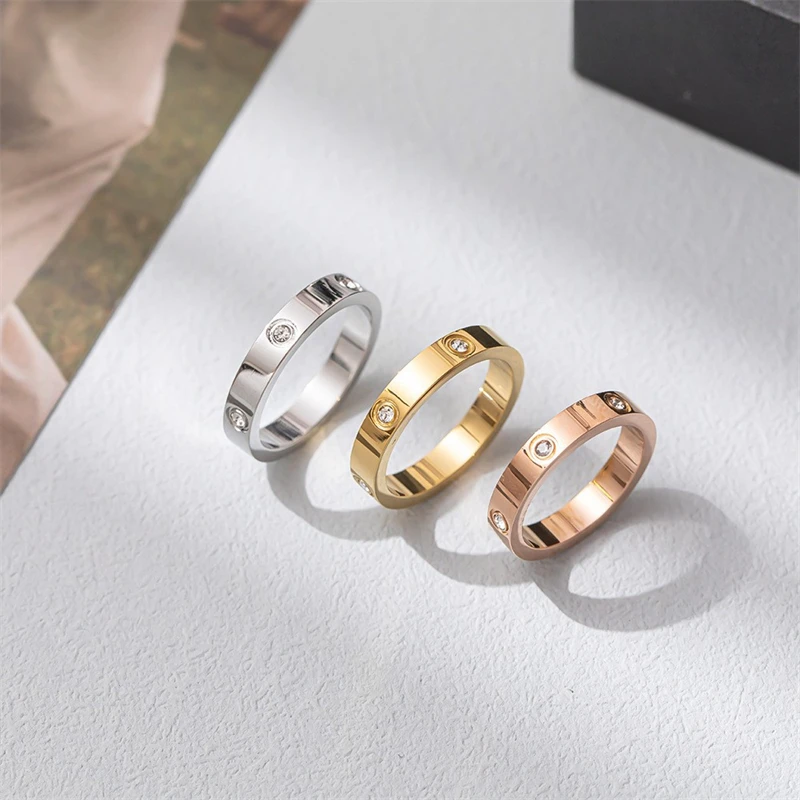 Fashion Stainless Steel Rose Gold Couple Ring Titanium Steel Couple Zircon Ring Luxury Jewelry for Men and Women Wedding Gifts