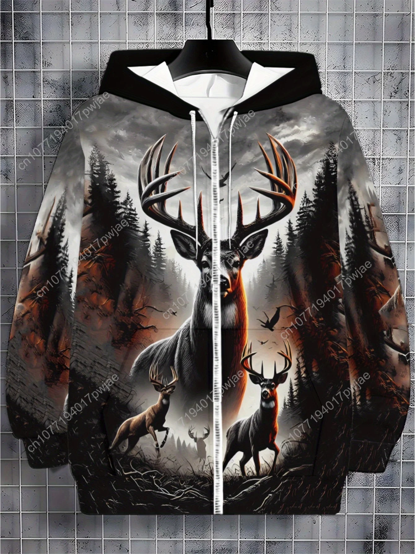 Casquette zippée à manches longues pour hommes, vêtements de sport, sweat à capuche imprimé forêt de cerf pour les aventures en plein air, tissu en polyester doux, couleur grise, Lig