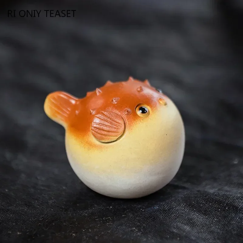 Yixing Purple Clay Tea Pet Handmade Pufferfish Statue Ornaments Animal Tea Figurine Sculpture Crafts Chinese Tea Set Decors Art