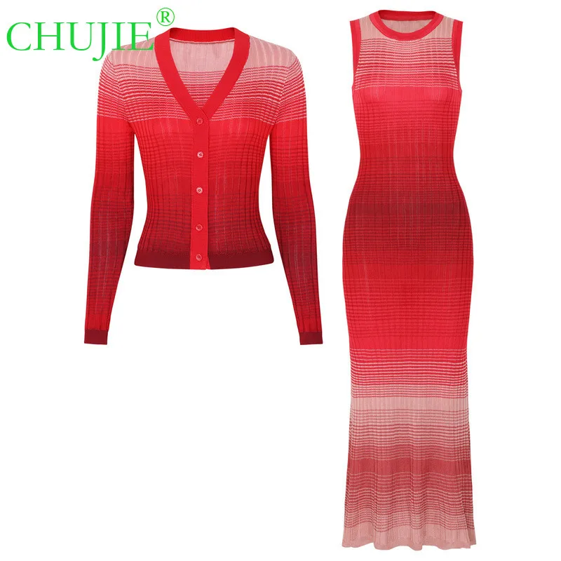 

CHUJIE 2022, весенне-осенний новый модный вязаный женский топ в стиле знаменитостей и интернет-знаменитостей + комплект платья без рукавов
